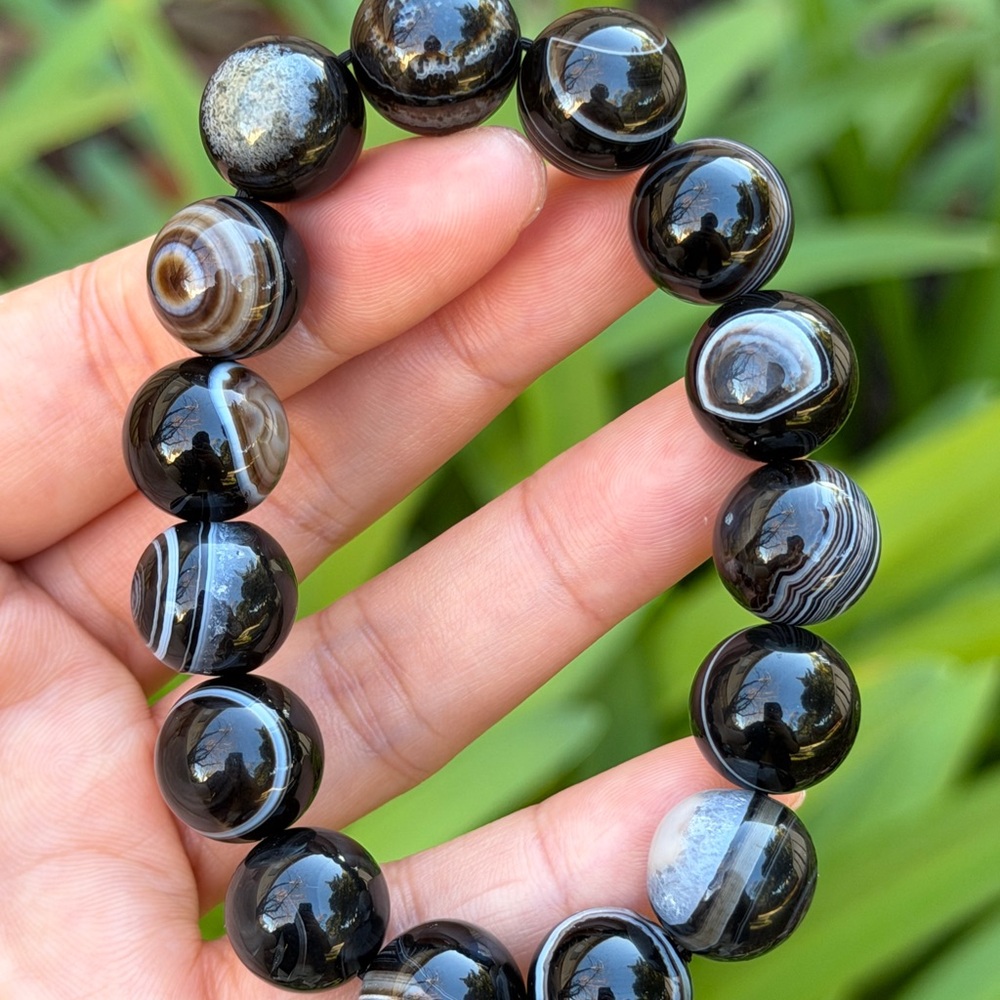 14mm stretchable evil‎ eye black banded agate bracelet 0935